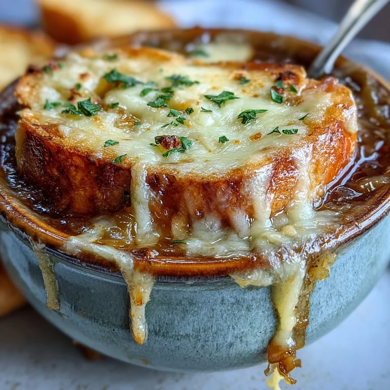 Brothy French Onion Soup served in a rustic oven-safe crock with fresh thyme garnish.