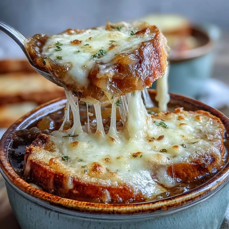 Spooning into a cheesy bowl of French Onion Soup with caramelized onions and toasted bread.