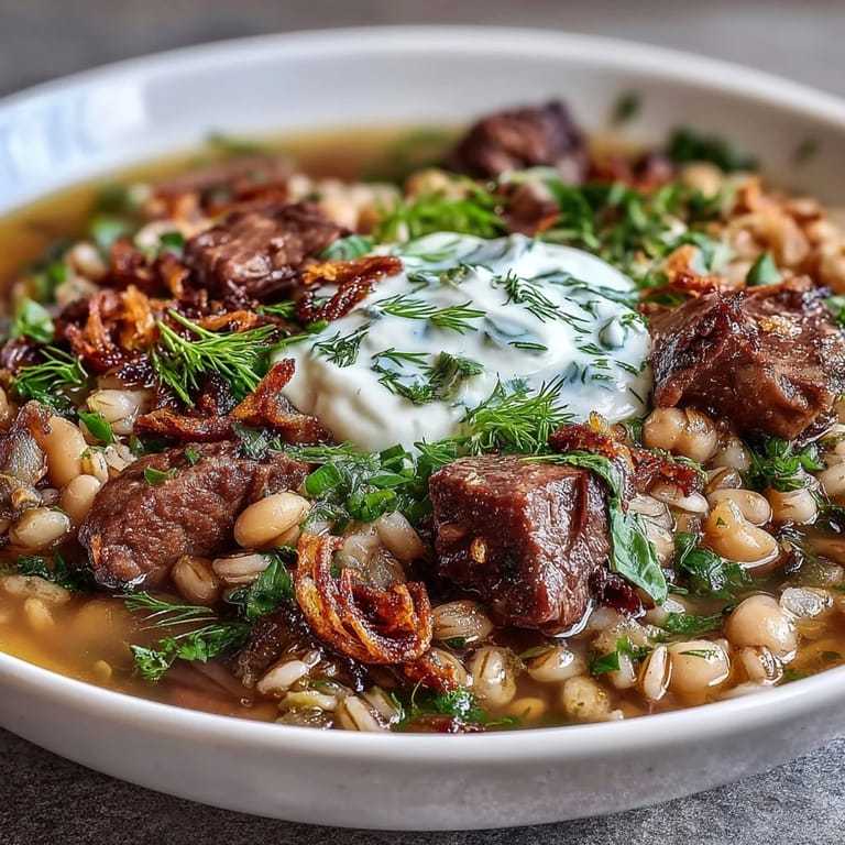 A warm bowl of Persian-inspired Beef Barley Soup garnished with fresh green herbs and a dollop of sour cream, steaming beside crusty bread.