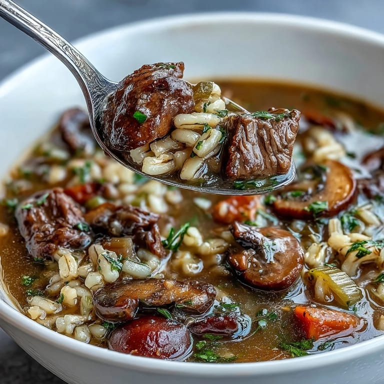 Tender beef, smoky pancetta, and earthy baby bella mushrooms simmer with nutty barley in this hearty American soup.