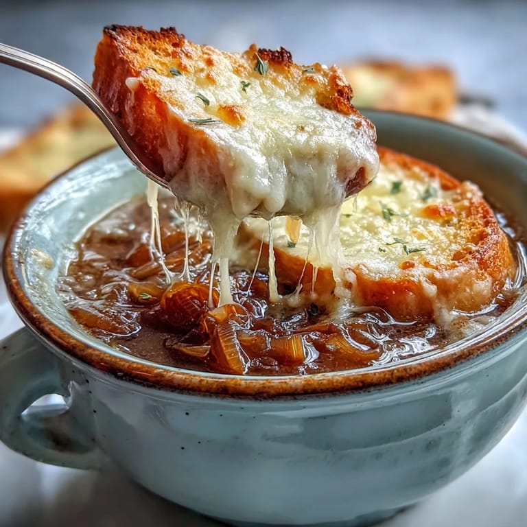 Classic French Onion Soup garnished with a crusty bread crouton, ready to serve with a cheese pull.