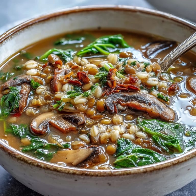 Dark green collard greens and diced carrots visible in savory Double Lentil and Mushroom Barley Soup.
