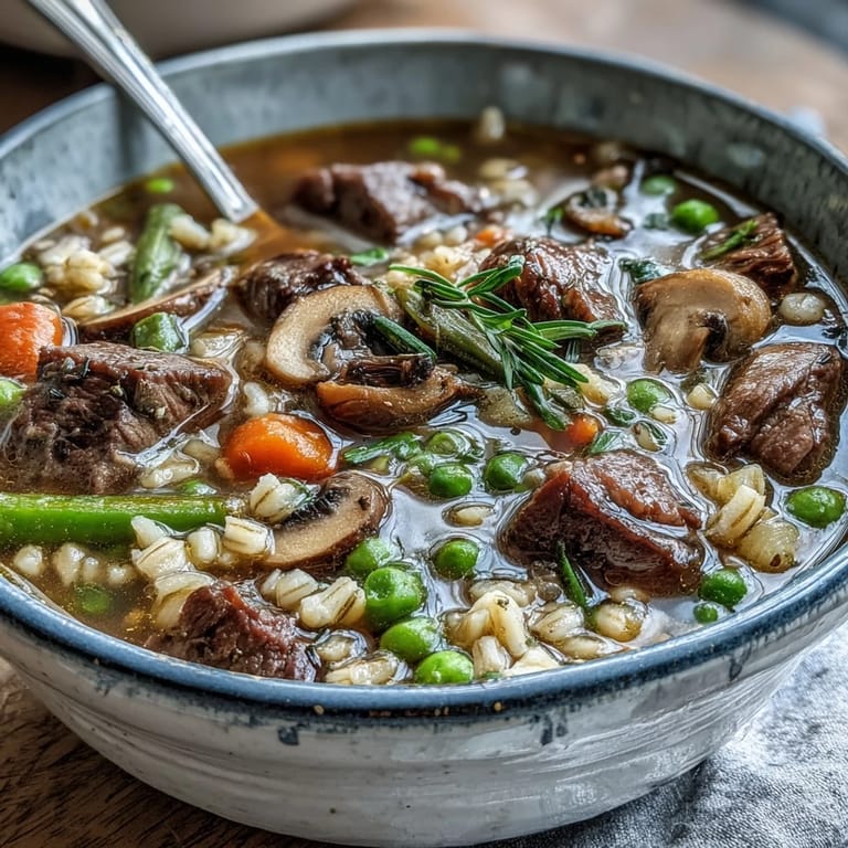Steaming Beef and Barley Soup with tender beef chunks, diced carrots, and celery in a hearty broth.