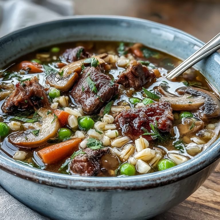 Hearty Beef and Barley Soup served in a white ceramic bowl with crusty bread on the side.