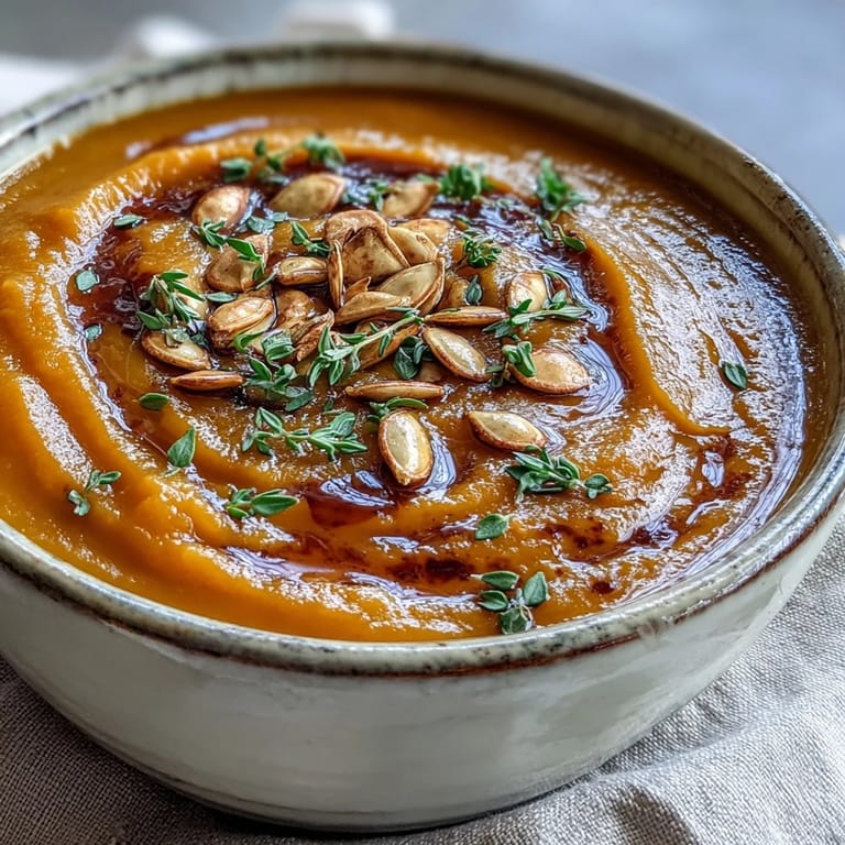 Velvety roasted Butternut Squash Soup with creamy texture, swirled with coconut milk and a drizzle of maple syrup, simmering gently in a pot.