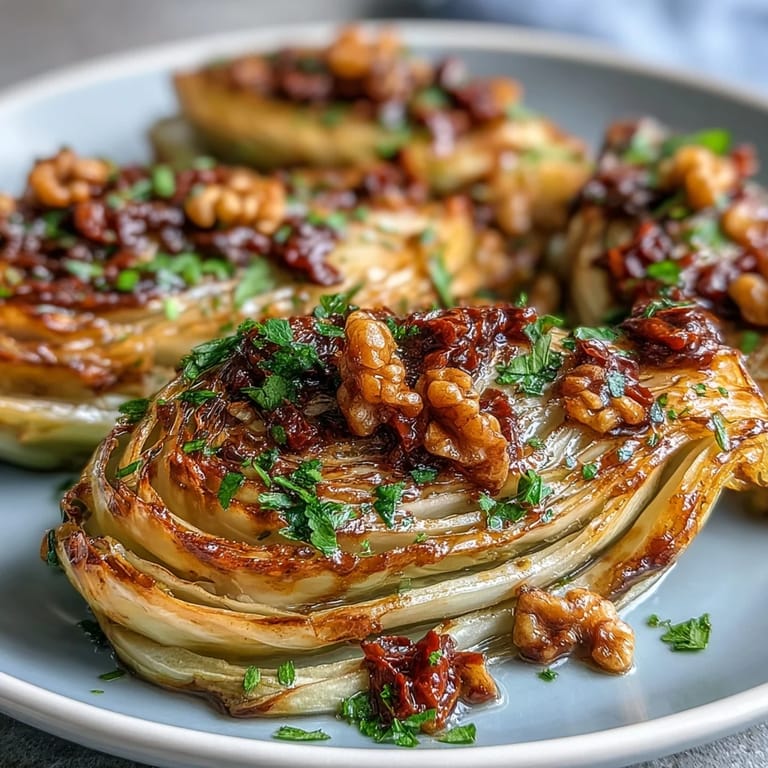Golden wedges of Baked Cabbage Salad With Winter Romesco garnished with toasted walnuts and bright lemon wedges on a rustic table.