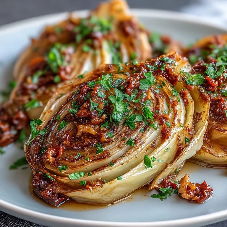 Platter of Baked Cabbage Salad With Winter Romesco featuring caramelized cabbage with bold, nutty sauce ready for a cozy vegetarian dinner.