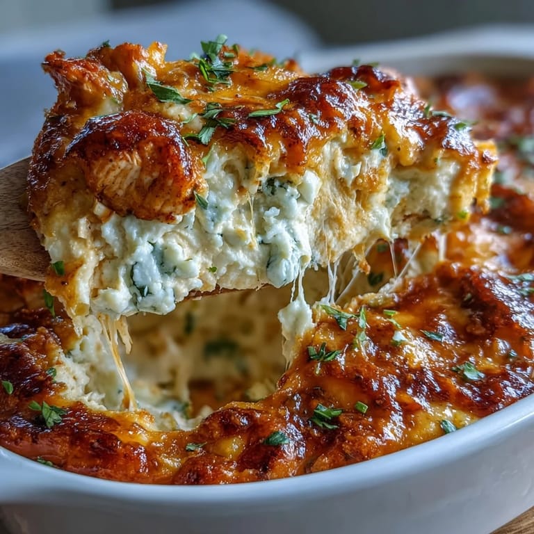 Hot, bubbly Buffalo Chicken Dip topped with shredded cheddar and fresh scallions for dipping.