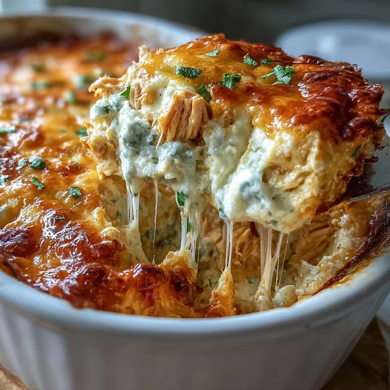 Buffalo Chicken Dip in a baking dish, garnished with green onions, ready for tortilla chips.