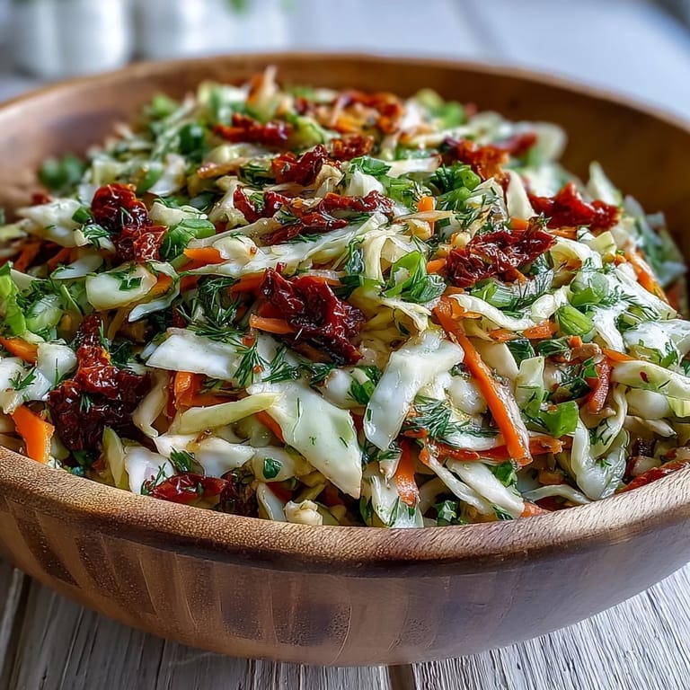 Cabbage Salad With Sundried Tomatoes in a white dish, dressed in herby vinaigrette and ready for a light lunch.