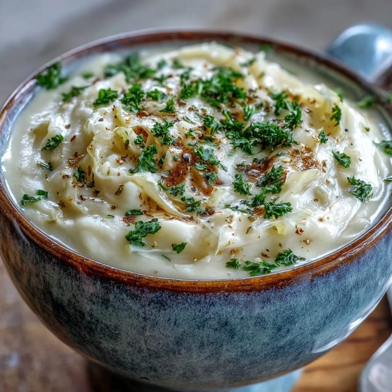A pot of Creamy Potato Soup with Cabbage simmering, showing tender potatoes and green cabbage in a velvety broth.