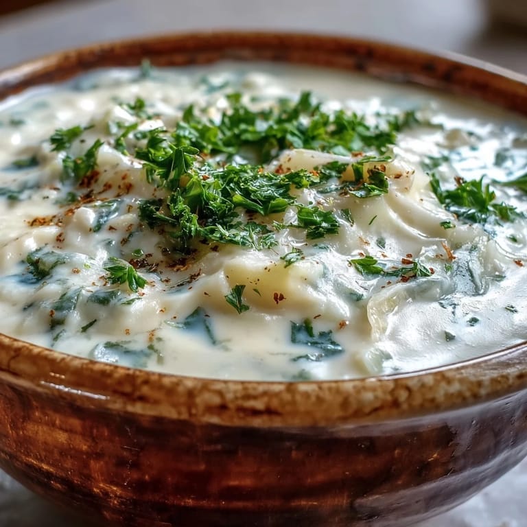 Close-up of Creamy Potato Soup with Cabbage in a white bowl, topped with parsley, perfect for cozy weeknight dinners.