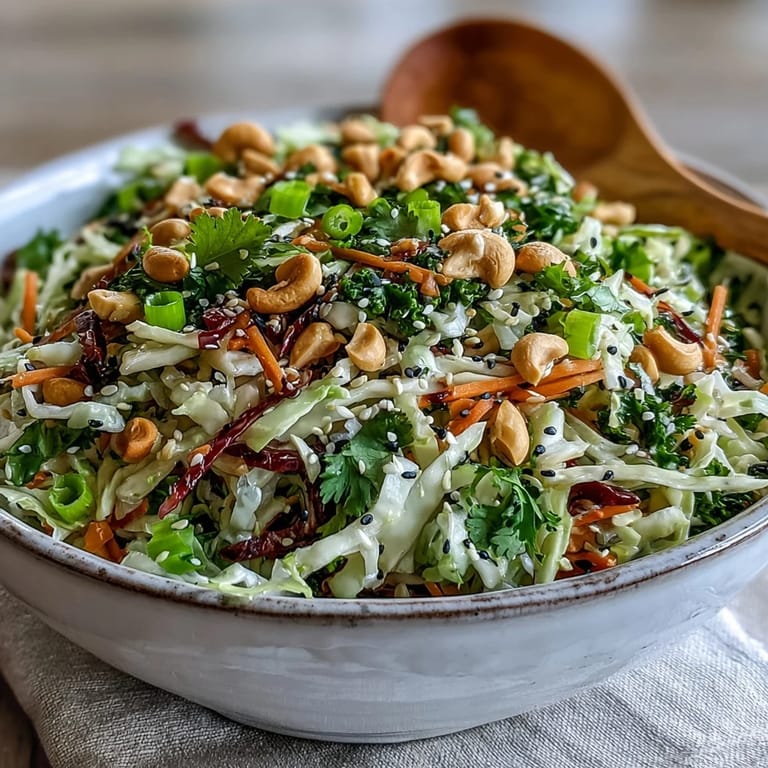 A bowl of vibrant Asian Cabbage Salad topped with roasted cashews and toasted sesame seeds, served as a refreshing side dish.