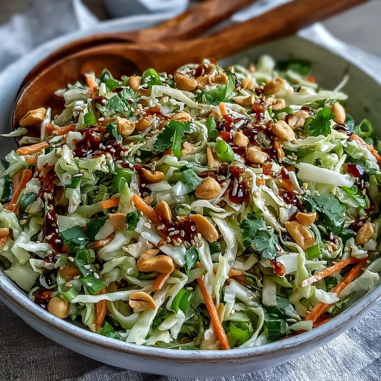 Delicious Asian Cabbage Salad with crunchy vegetables, fresh cilantro, and a zesty lime-soy dressing, ready to serve on a plate.