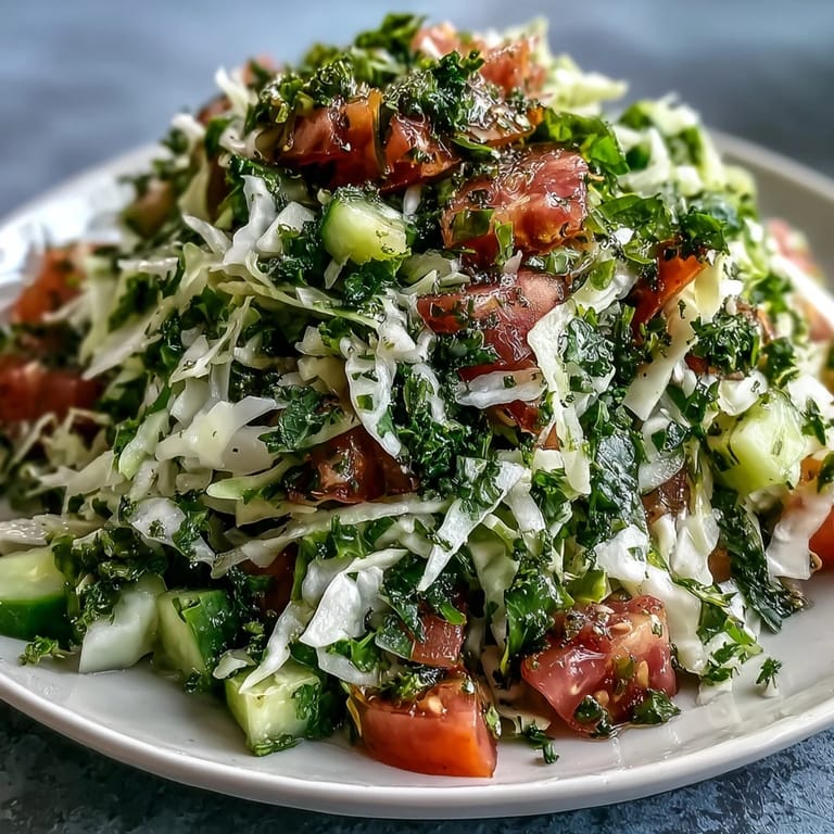 Overhead view of fresh Lebanese Cabbage Salad featuring shredded green cabbage, diced tomatoes, cucumbers, and herbs.