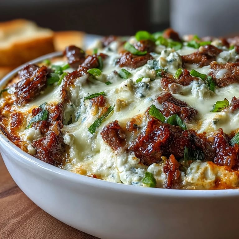 Sizzling shaved ribeye, peppers, and onions simmer in a creamy, cheesy dip ready for game day.