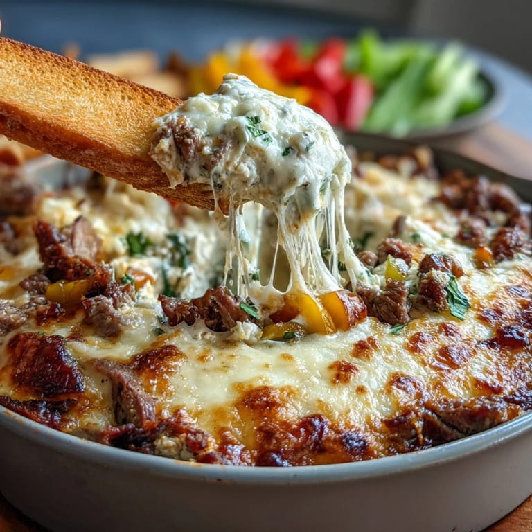 Spoonable Philly Cheesesteak Dip topped with extra provolone, served hot with sturdy tortilla chips.