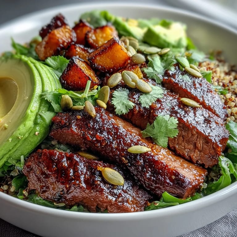 Close-up of a hearty, gluten-free weeknight meal: caramelized squash, sliced steak, greens, and avocado.