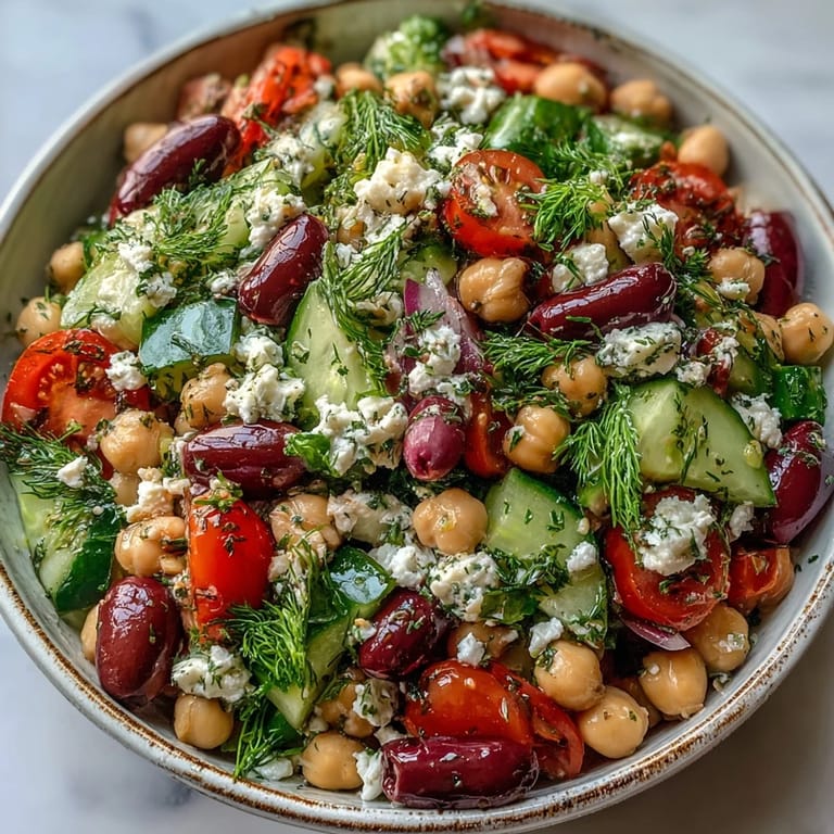 Colorful bowl of Greek Bean Salad with lemon-marinated beans, cucumbers, tomatoes, and Kalamata olives, topped with crumbled feta.