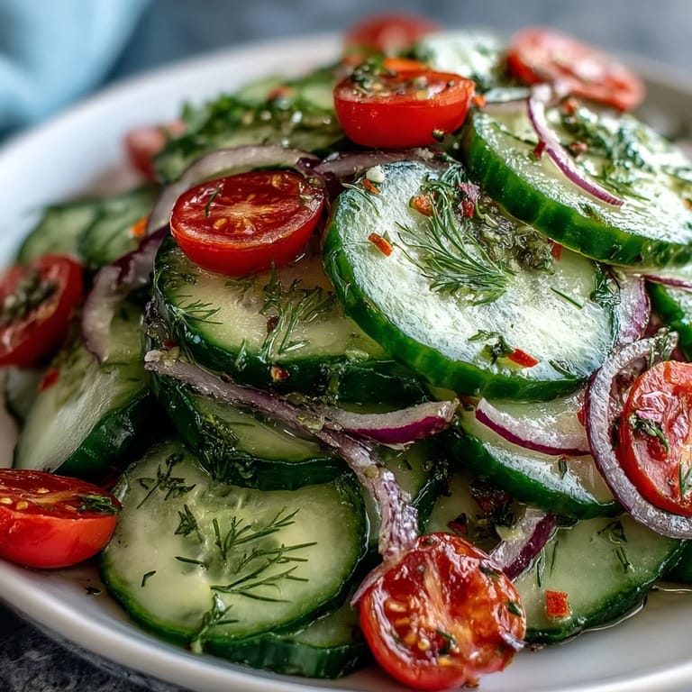 Bright Refreshing Crunchy Cucumber Salad served chilled on a white plate, garnished with fresh dill and toasted sesame seeds for crunch.