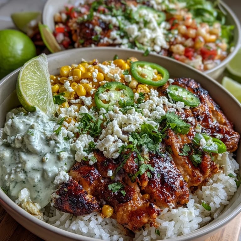 Warm Street Corn Chicken and Rice Bowl garnished with cilantro and jalapeños, drizzled with creamy sauce and dotted with cotija.