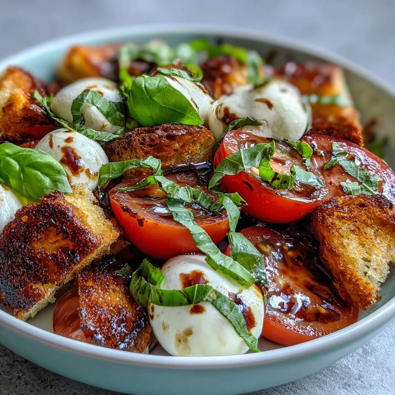Sliced tomatoes and creamy mozzarella in a Caprese Salad Bowl garnished with fresh basil and crunchy toasted bread cubes.