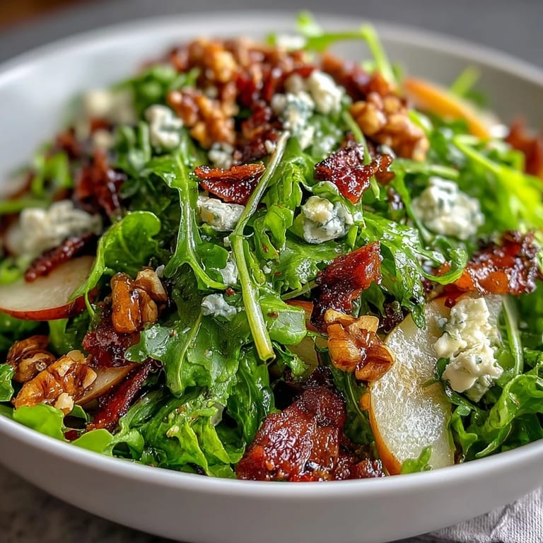 A close-up of the Frisée Pear Blue Cheese Bowl showing toasted walnuts and zesty vinaigrette drizzled over the vibrant salad greens.