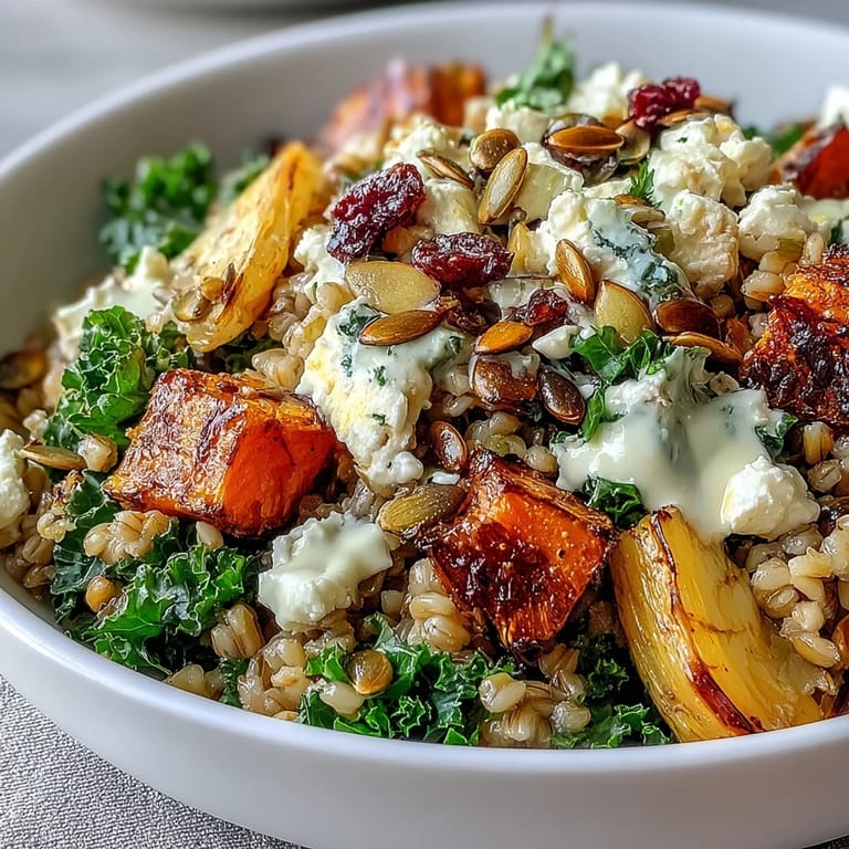 A beautifully styled overhead shot of a Hearty Winter Grain Bowl featuring quinoa, sweet potatoes, and kale, finished with a drizzle of lemony tahini sauce.