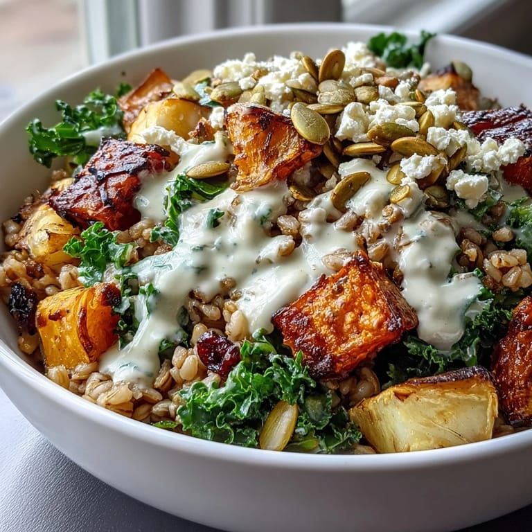 A single serving of a nourishing Hearty Winter Grain Bowl in a rustic bowl, showcasing warm farro, vibrant vegetables, and fresh parsley garnish.
