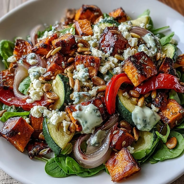 Close-up of a nutritious Warm Salad Bowl topped with feta, pumpkin seeds, and vibrant roasted vegetables.