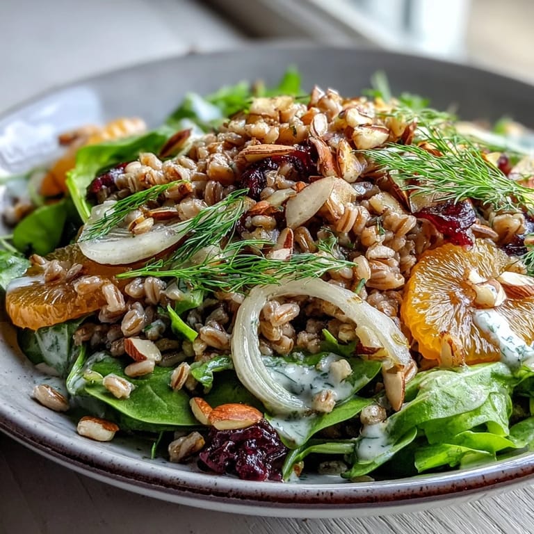 Close-up of Farro Salad Bowl with Fennel, Oranges & Almonds showcasing juicy orange segments and toasted almonds.