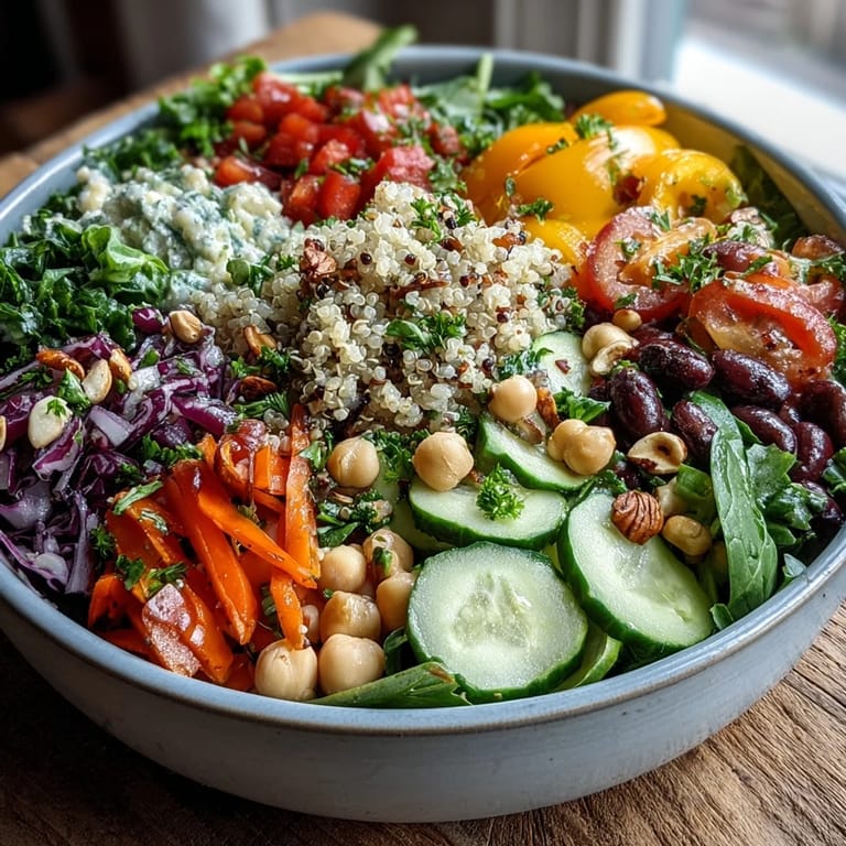 The finished Rainbow Salad Bowl is plated in a shallow bowl with a drizzle of zesty lemon dressing.
