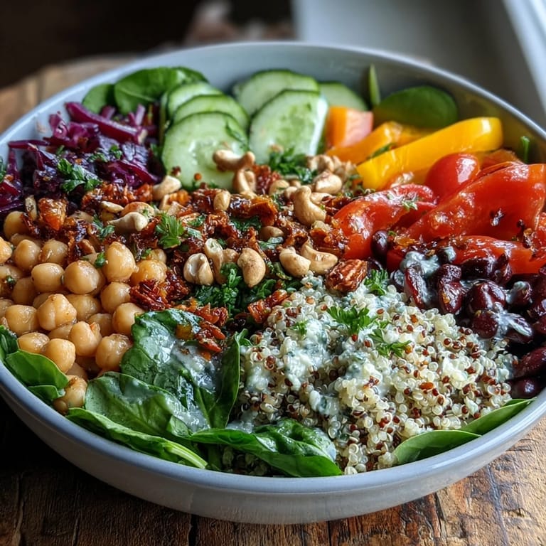 Close-up view of a Rainbow Salad Bowl topped with crunchy cashews, showing textures and colors.