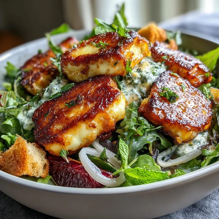 A serving of Halloumi Blood Orange Fattoush showing juicy blood orange slices and fresh mint on a bed of arugula.