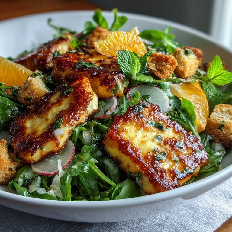 Freshly prepared Halloumi Blood Orange Fattoush with vibrant red onions, cucumbers, and a drizzle of tangy pomegranate sumac dressing.