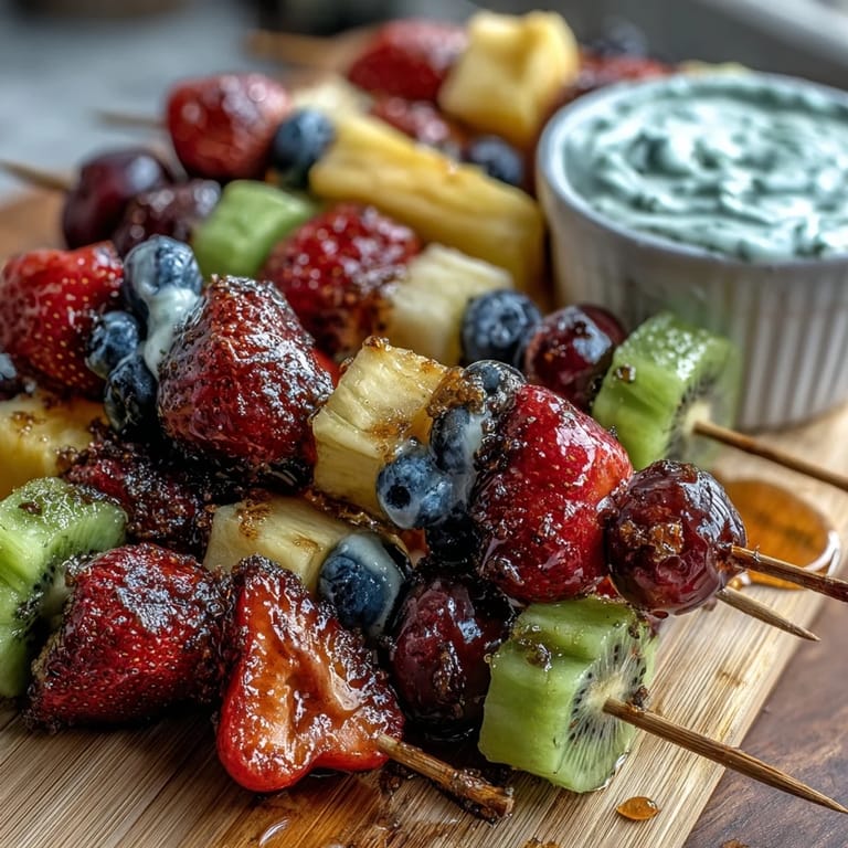 Fun and healthy kid lunch featuring vibrant fruit skewers, creamy yogurt dip, and tasty sandwich bites.