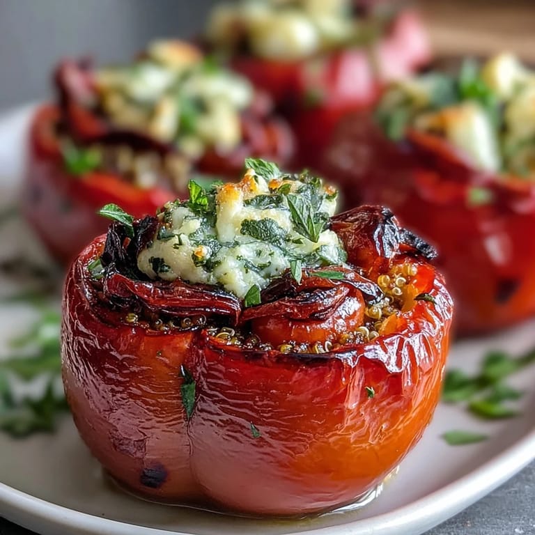 Fragrant quinoa and fresh herb mixture nestled inside roasted bell peppers, topped with optional feta for a savory vegetarian dinner.