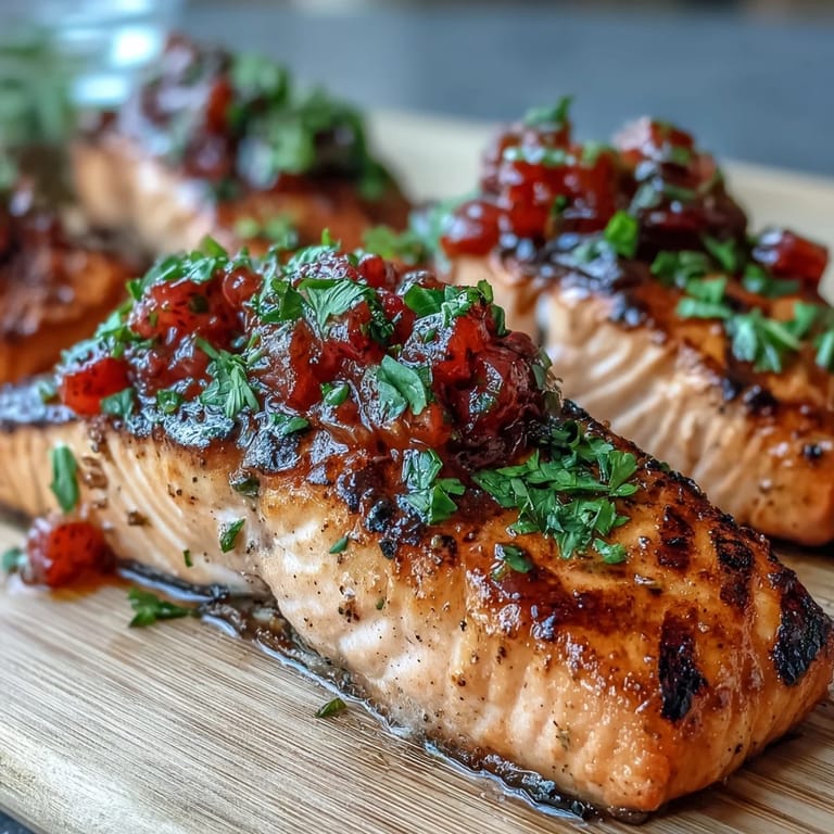 Juicy grilled salmon served with zesty strawberry salsa, combining smoky and sweet flavors in every bite.