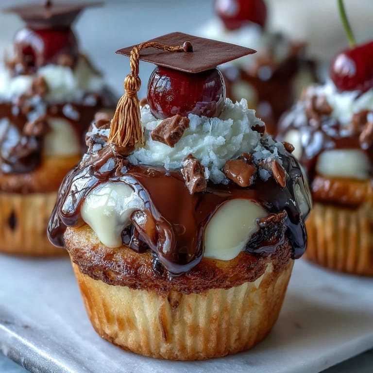 Festive vanilla cupcakes topped with creamy buttercream and mini graduation caps, ideal for party dessert tables.