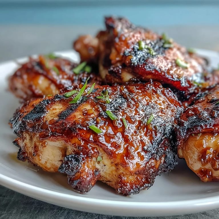 Sweet and savory honey garlic chicken thighs sizzling on the grill, with caramelized edges and a rich, aromatic marinade.