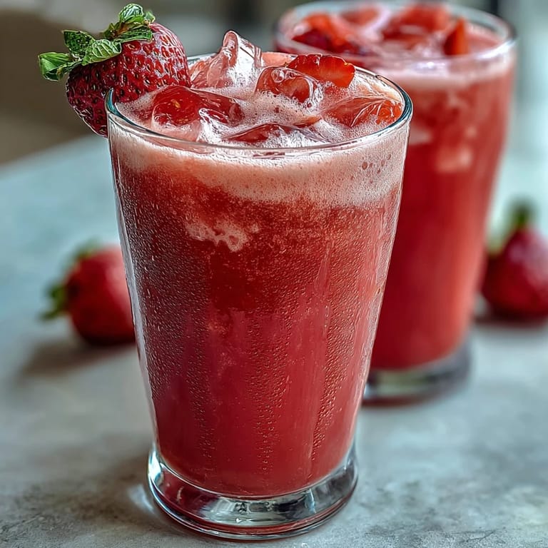 Vibrant dragon fruit and coconut milk beverage, with fresh strawberries and citrus, served over ice for a cool, refreshing drink.