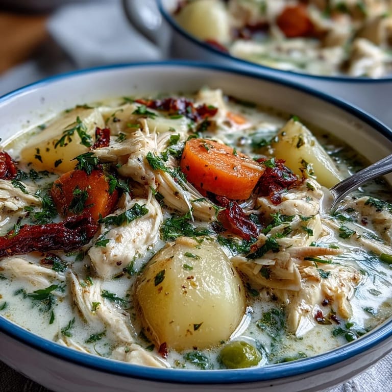 A comforting bowl of slow cooker chicken pot pie soup loaded with potatoes, carrots, and celery in a creamy base.