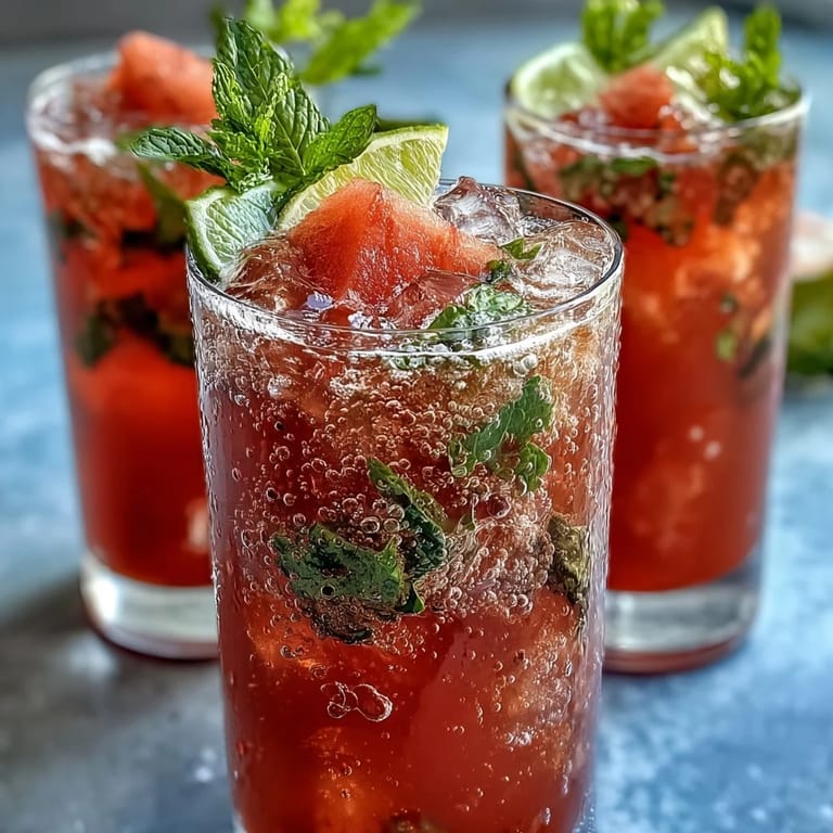 Vibrant watermelon mint spritz mocktail with sparkling water, offering a refreshing, non-alcoholic beverage for warm weather.