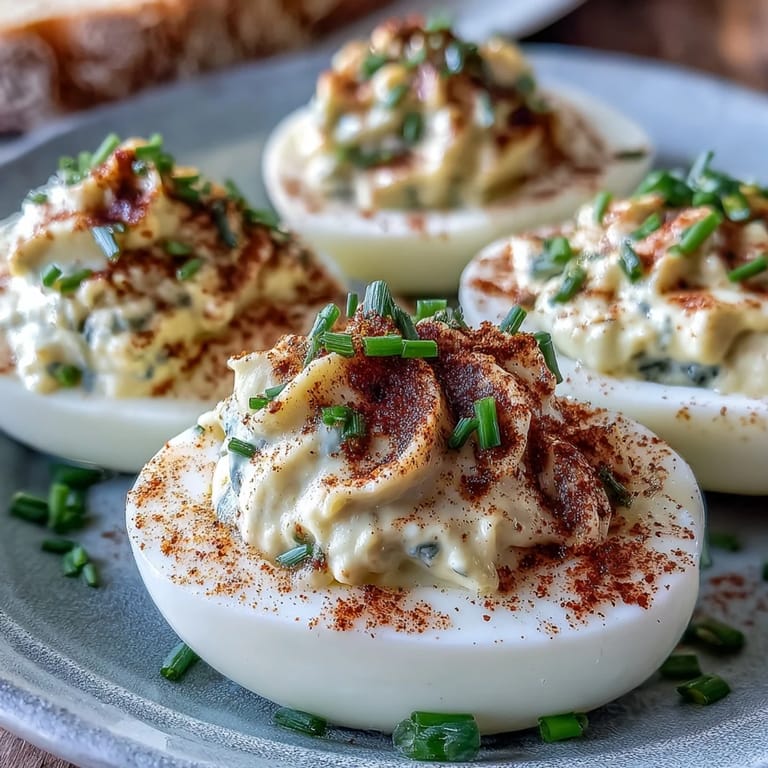A platter of classic deviled eggs garnished with paprika and fresh chives, perfect for parties.  