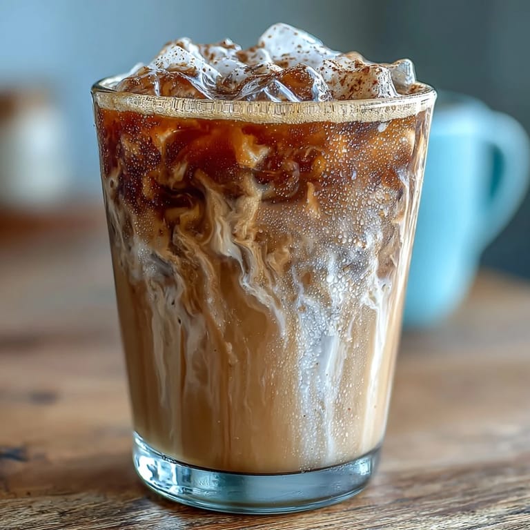 Refreshing iced brown sugar oat milk espresso with frothy coffee base and cinnamon topping, perfect for warm days.