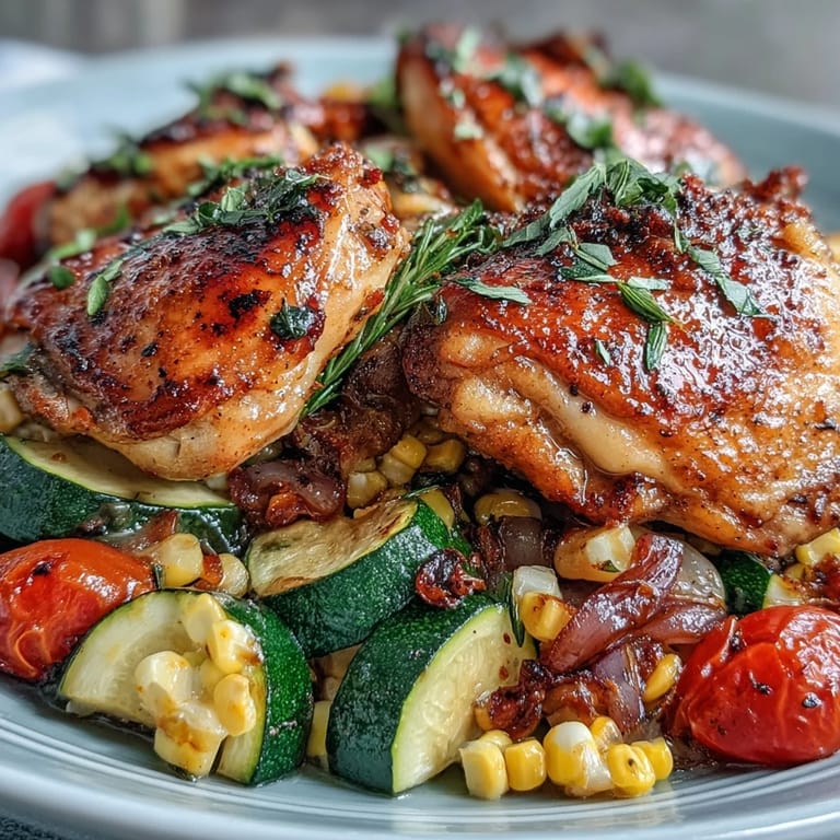 Sheet Pan Chicken with Zucchini and Corn - juicy chicken, tender zucchini, and sweet corn roasted together with herbs and lemon for a simple summer meal.