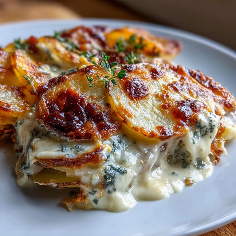 Silky scalloped potatoes with Gruyere, topped with a golden crust and fresh thyme, perfect for holiday gatherings.
