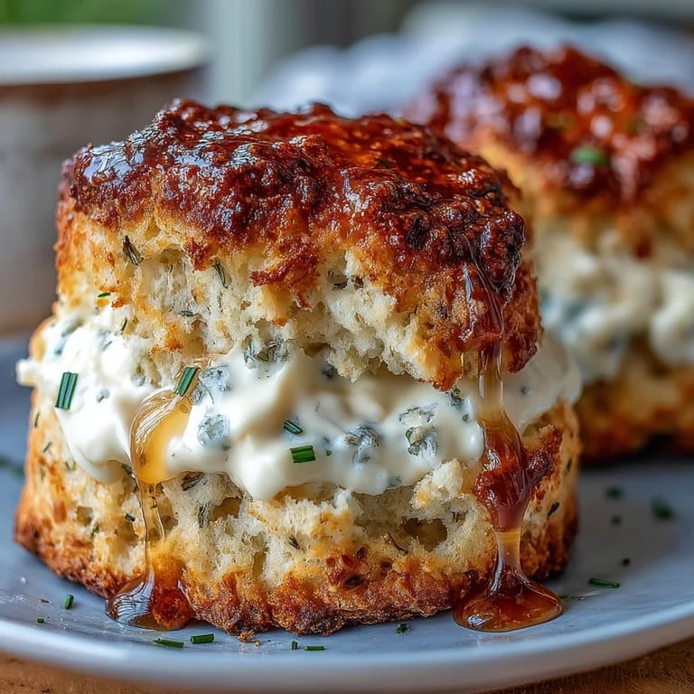 Dandelion honey scones fresh from the oven, served with rich clotted cream and a drizzle of golden honey for afternoon tea perfection.
