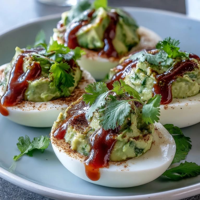 Vibrant deviled eggs filled with avocado and lime, topped with spicy Sriracha sauce