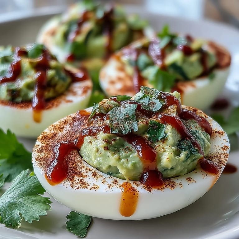 Spicy Sriracha avocado deviled eggs with fresh cilantro, ideal for appetizers or snacks